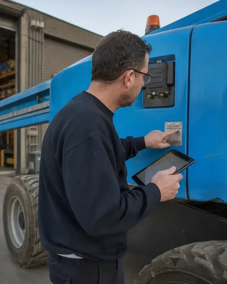 Monteur controleert een hoogwerker met een tablet