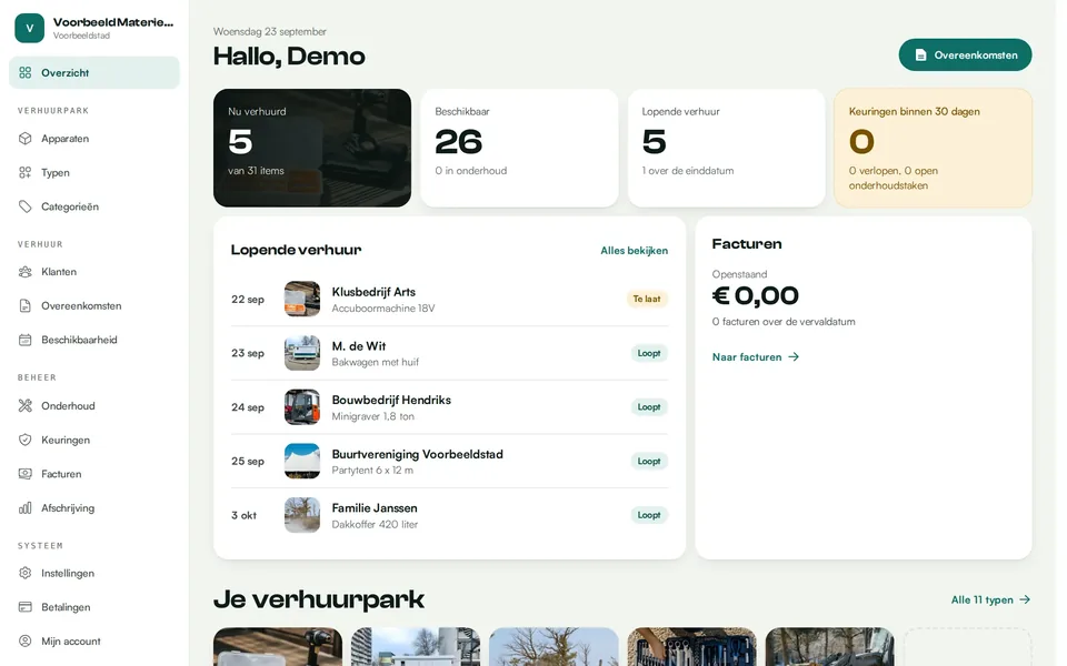 Overzicht in Verhuurtly met lopende verhuur, facturen en het verhuurpark