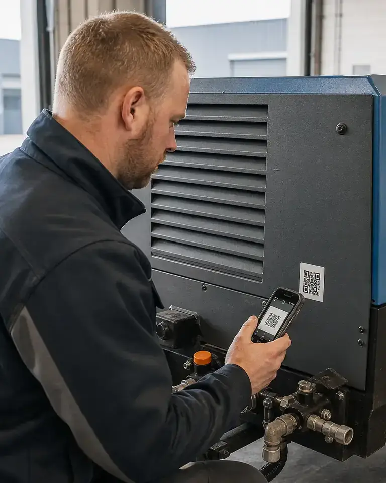 Medewerker scant de QR-code op een compressor